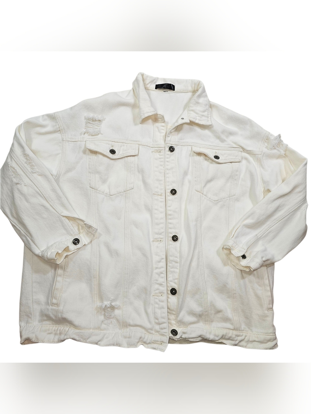 L & B Distressed White Denim Jacket In 1X